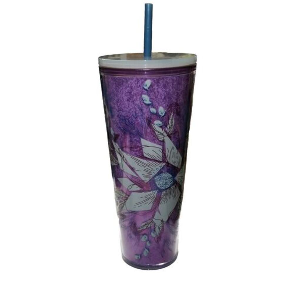 Starbucks 24oz Valentines Purple Pink Winter Blossom‎ Floral Tumbler W/ Straw
